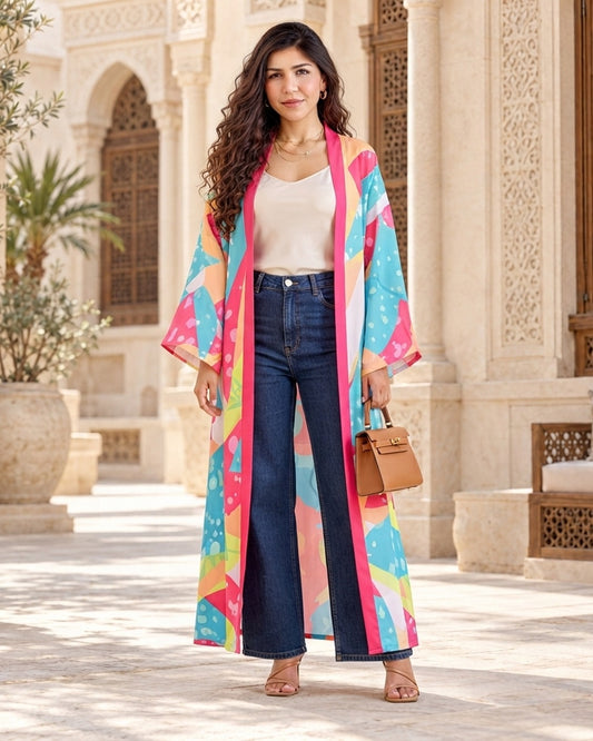 Fuchilicious long cardigan styled with wide-leg jeans
