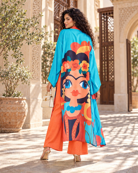 Viva la Vida long cardigan, back view showing the illustrated portrait print