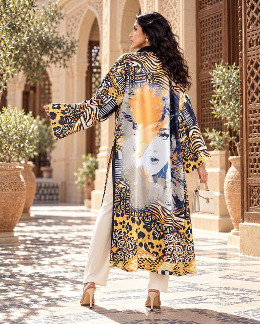 Wildcat long cardigan, back view showing the portrait print