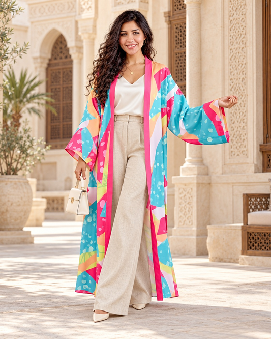 Fuchilicious long cardigan in pink, turquoise and orange abstract print with fuchsia trim, worn with linen trousers
