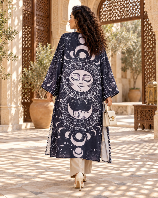 Lunar Magic long cardigan, back view showing the sun and moon print