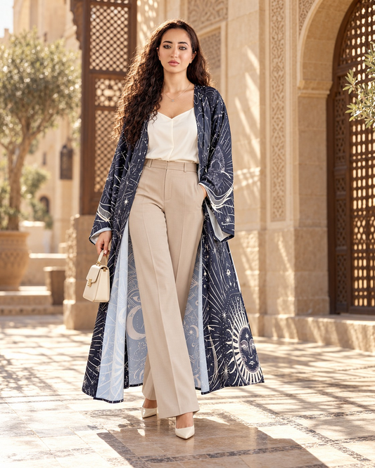 Lunar Magic long cardigan in navy celestial sun and moon print, worn with beige trousers