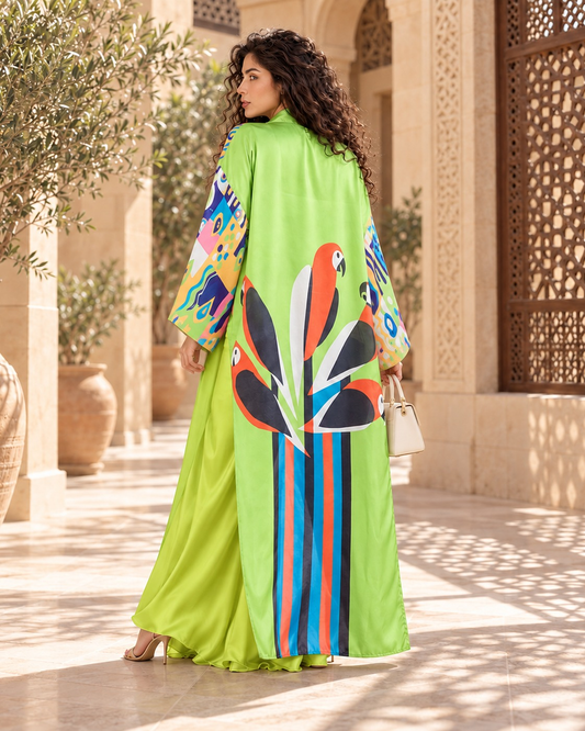 Macaw Magic long cardigan, back view showing the macaw print