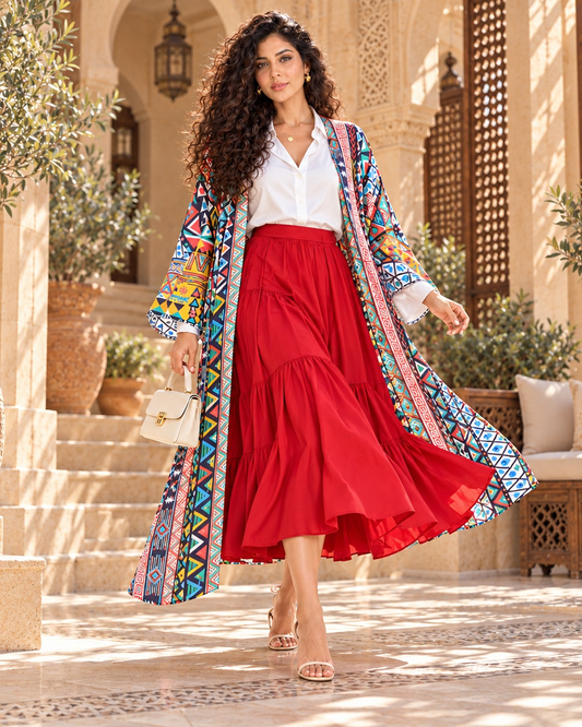 Peasant's Dream long cardigan in colorful geometric print, worn with a red tiered skirt and white shirt