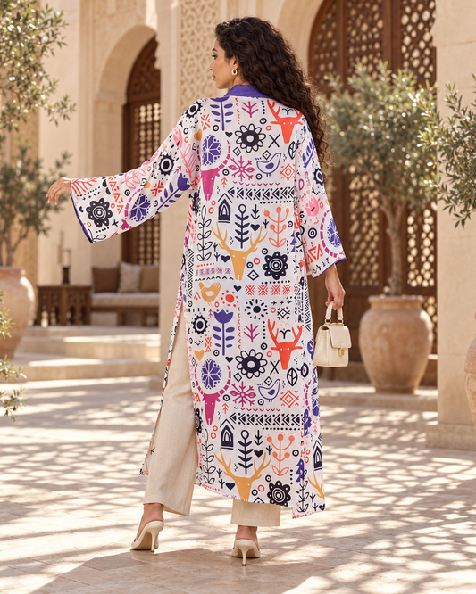 Purpgazelle long cardigan, back view showing the gazelle print