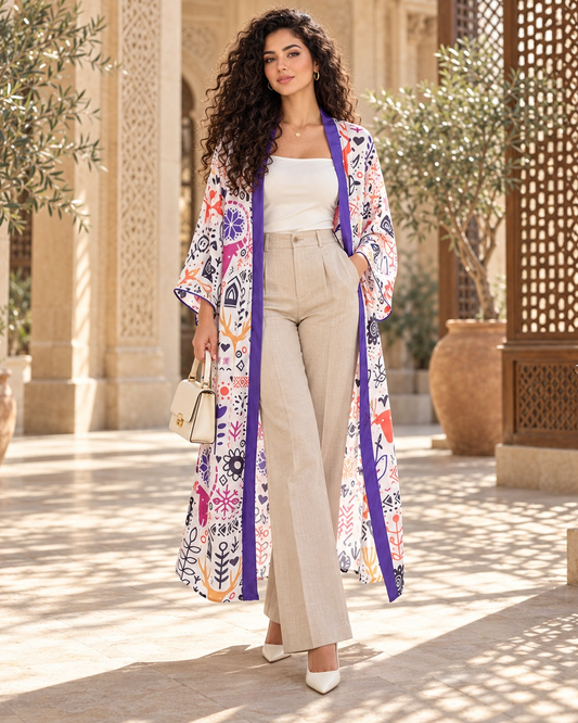 Purpgazelle long cardigan in white folk-art print with purple trim, worn with linen trousers