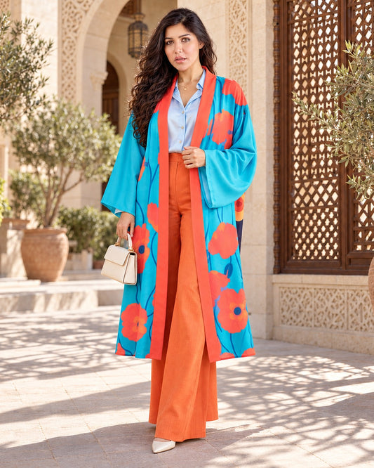 Viva la Vida long cardigan in turquoise with orange poppy print and orange trim, worn with orange trousers